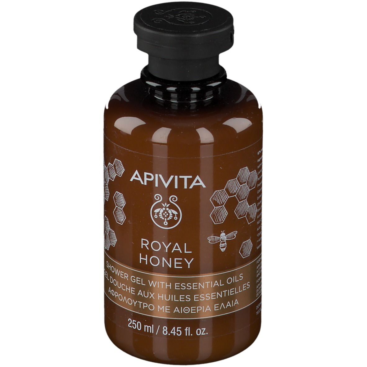 Flacone marrone con tappo nero. Scritta: APIVITA ROYAL HONEY Gel doccia. 250 ml.