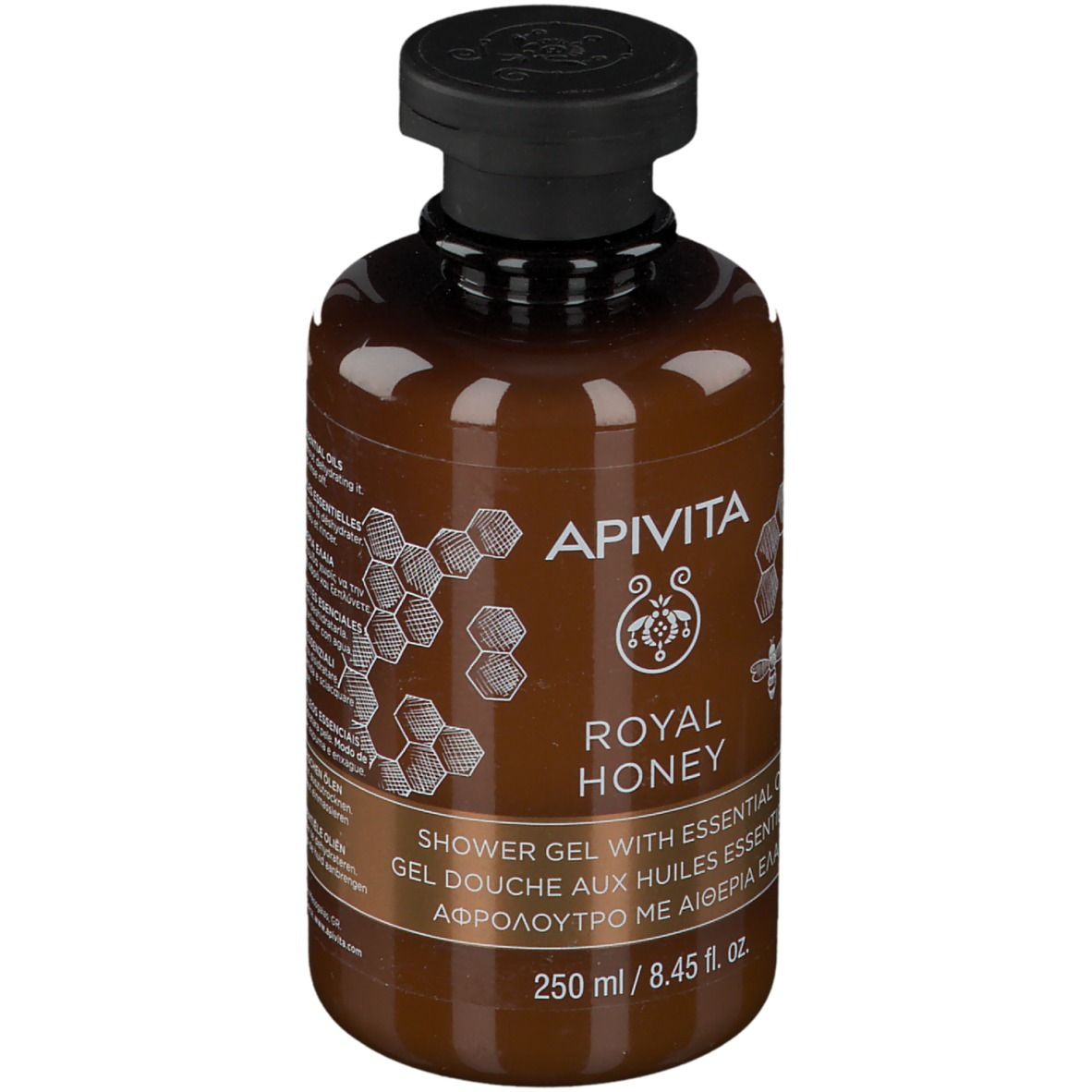 Flacone marrone con tappo nero. Scritta: APIVITA ROYAL HONEY Gel doccia. 250 ml.
