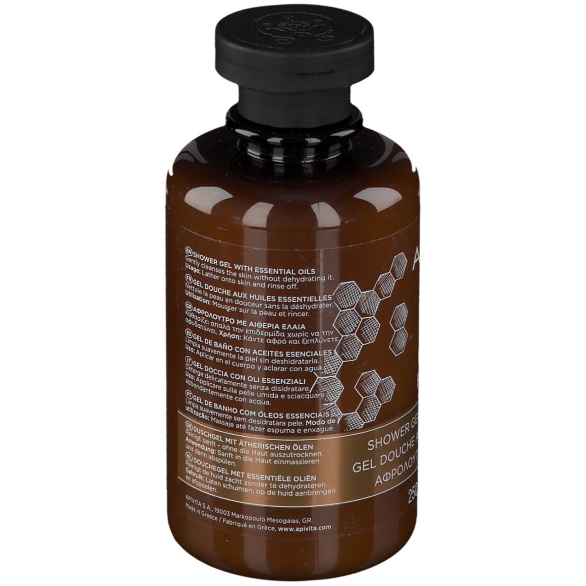 Retro del flacone marrone. Testo: APIVITA ROYAL HONEY Gel doccia. Testo multilingue.