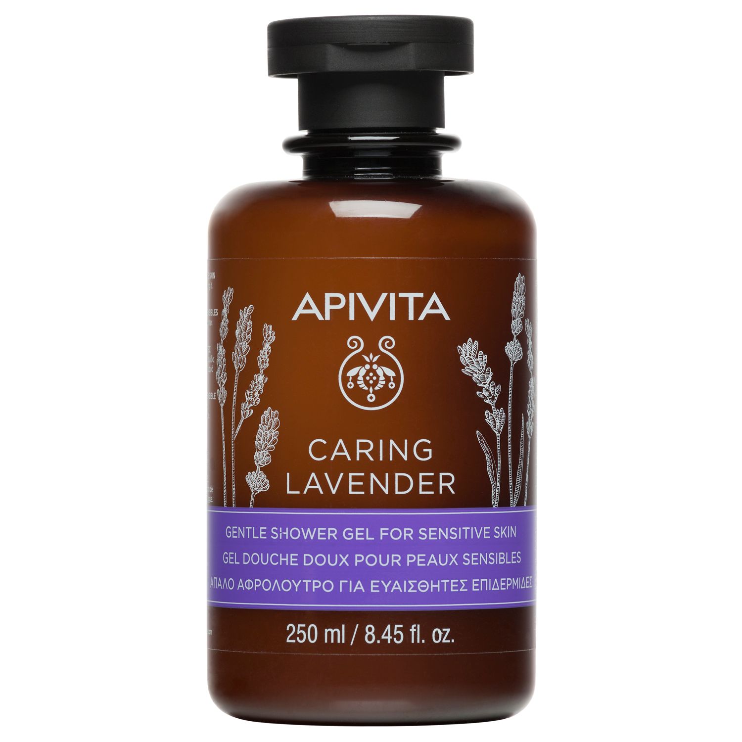 Flacon marron avec bouchon noir. Inscription: APIVITA CARING LAVENDER. Gel douche pour peaux sensibles. 250 ml.