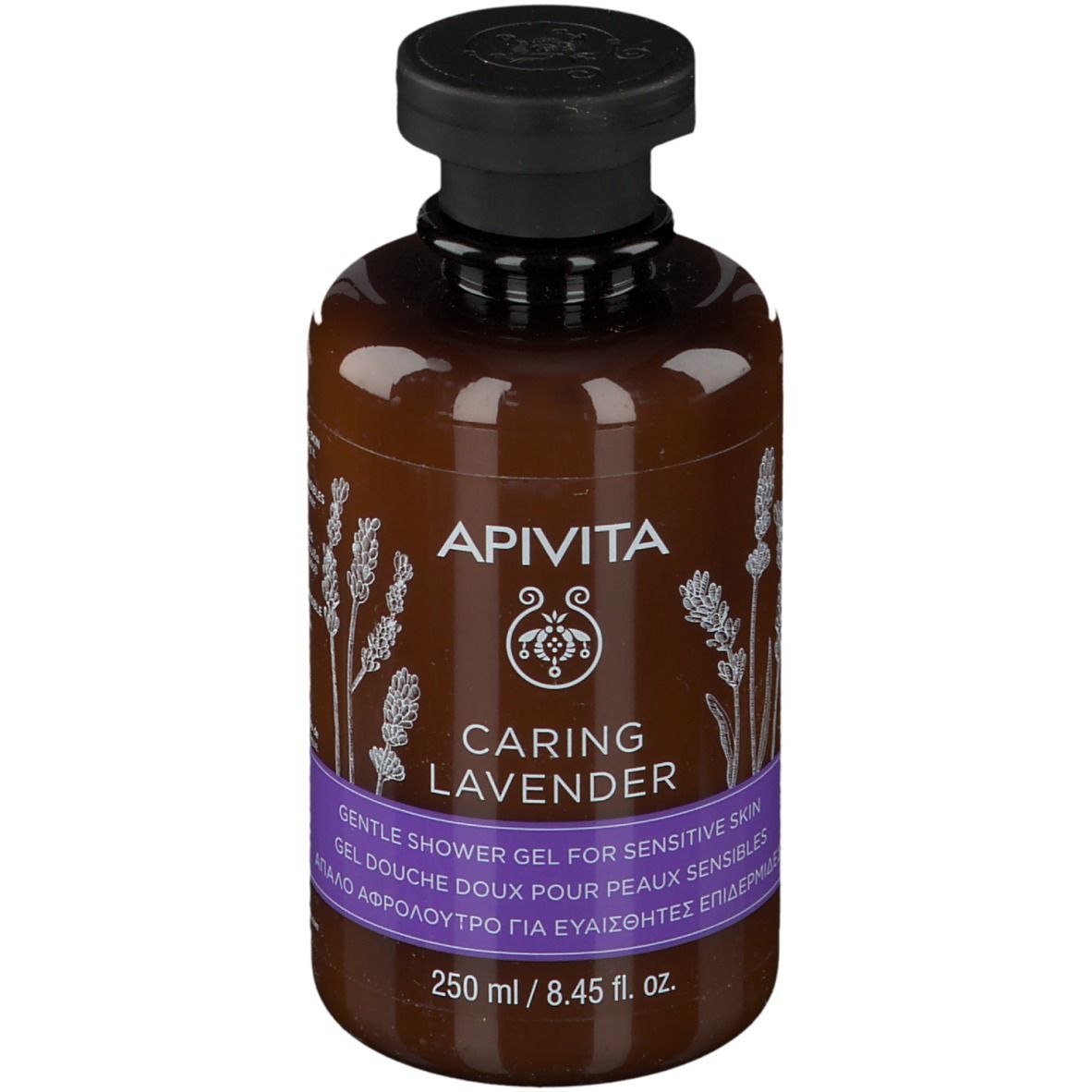 Flacon marron avec bouchon noir. Inscription: APIVITA CARING LAVENDER. Gel douche pour peaux sensibles. 250 ml.