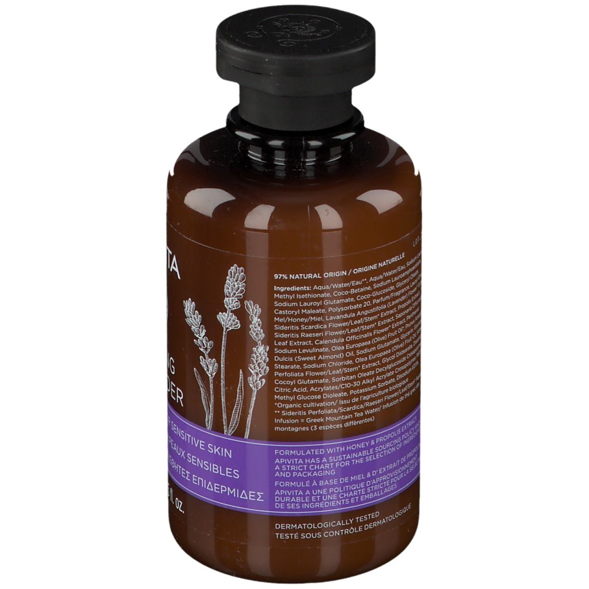 Dos du flacon marron avec bouchon noir. Ingrédients et texte. Inscription: APIVITA CARING LAVENDER. Gel douche pour peaux sensibles.