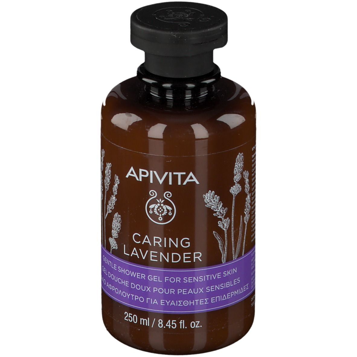 Flacon marron avec bouchon noir. Inscription: APIVITA CARING LAVENDER. Gel douche pour peaux sensibles. 250 ml.