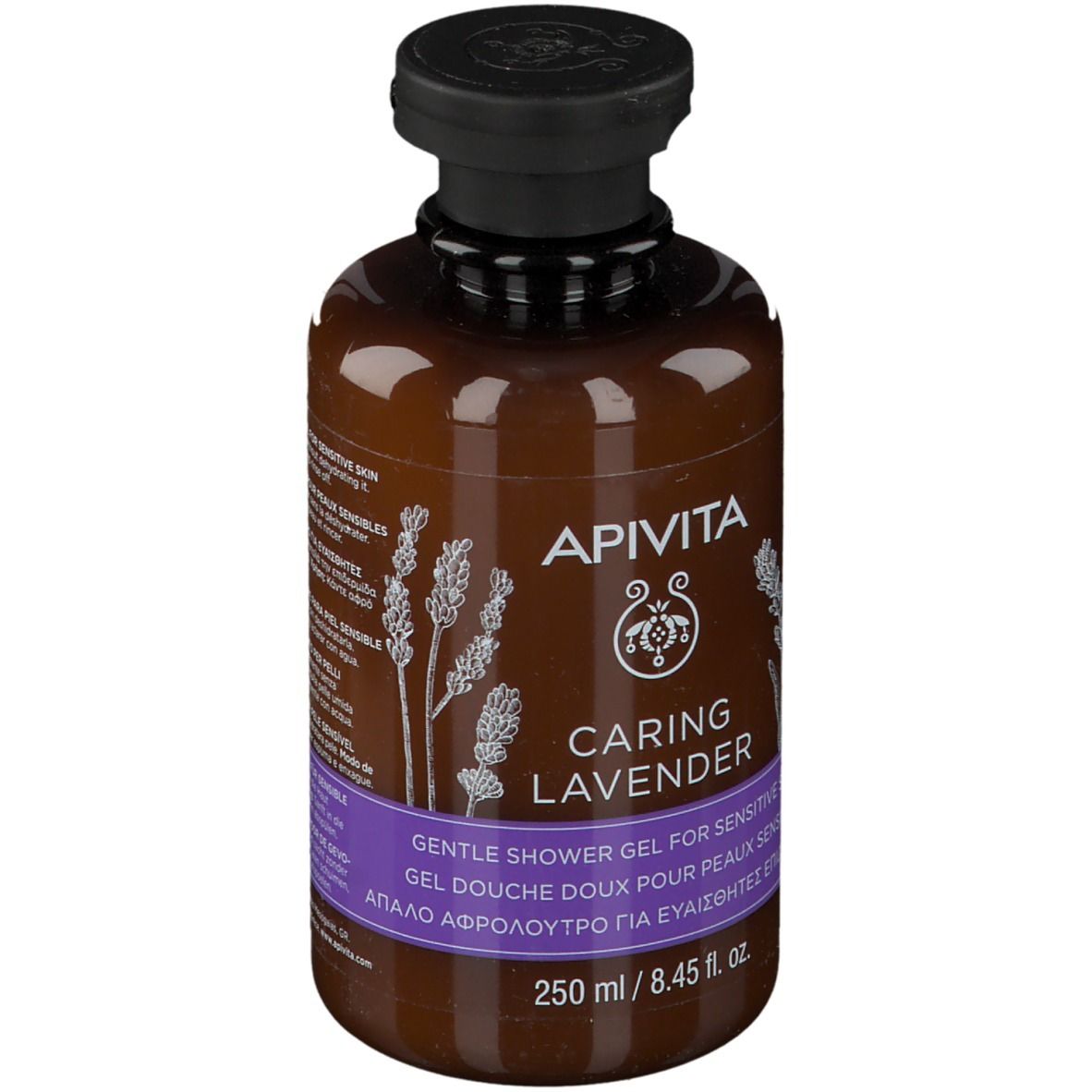 Flacon marron avec bouchon noir. Inscription: APIVITA CARING LAVENDER. Gel douche pour peaux sensibles. 250 ml.