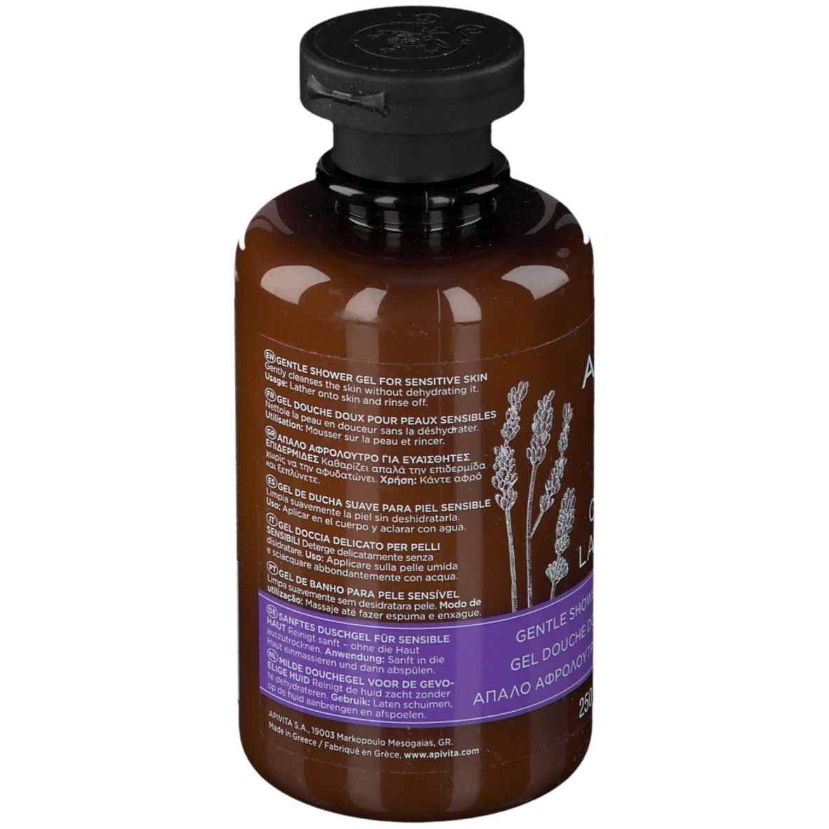 Flacon marron avec bouchon noir. Inscription: APIVITA CARING LAVENDER. Gel douche pour peaux sensibles. 250 ml.