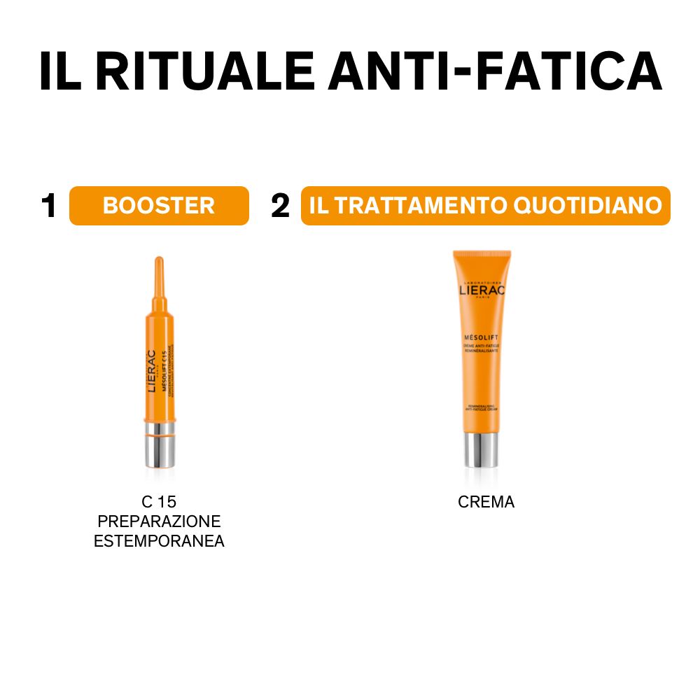 Fase 1: fiala. Fase 2: crema. Entrambi i prodotti sono Lierac. Testo: Rituale anti-fatica.