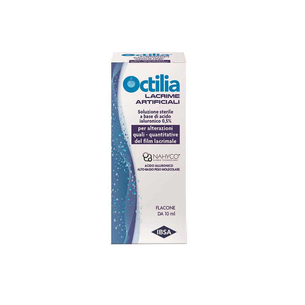Scatola con stampa del prodotto. Testo: Octilia Lacrime Artificiali, soluzione con acido ialuronico. Flacone 10 ml.
