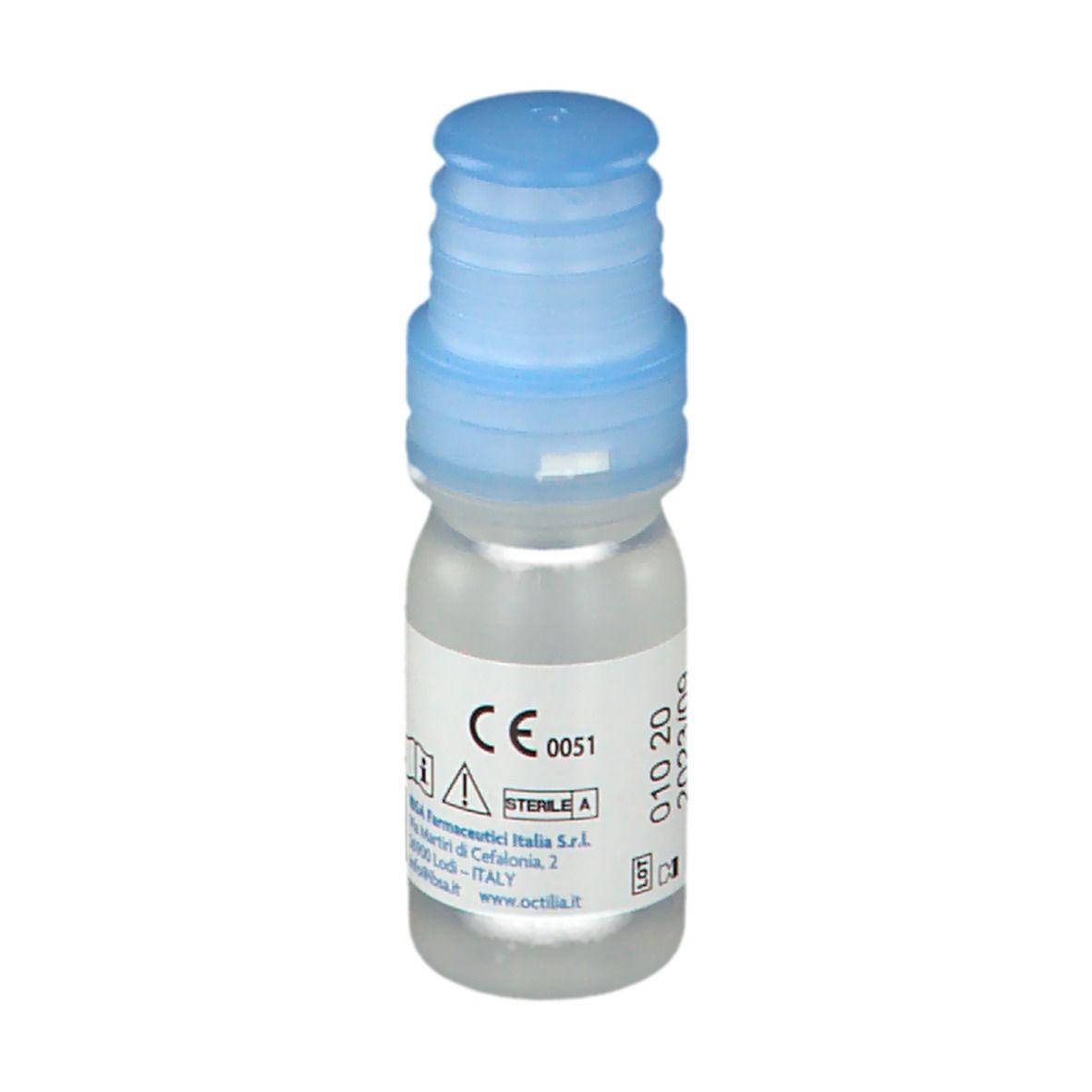 Piccola bottiglia trasparente con tappo blu. Testo: Marchio CE, Sterile A, dettagli di produzione.