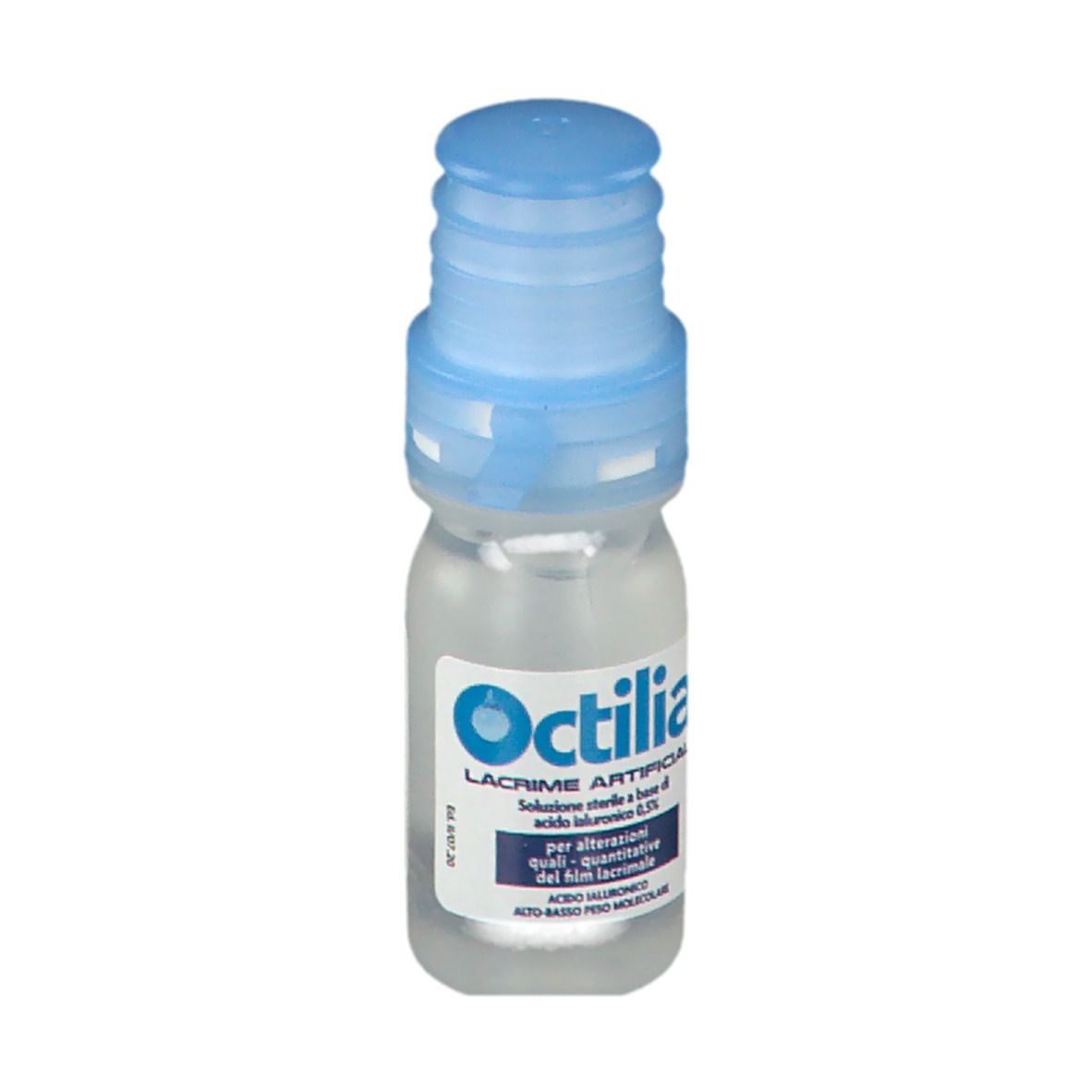 Piccola bottiglia trasparente con tappo blu. Testo: Octilia Lacrime Artificiali, soluzione con acido ialuronico.