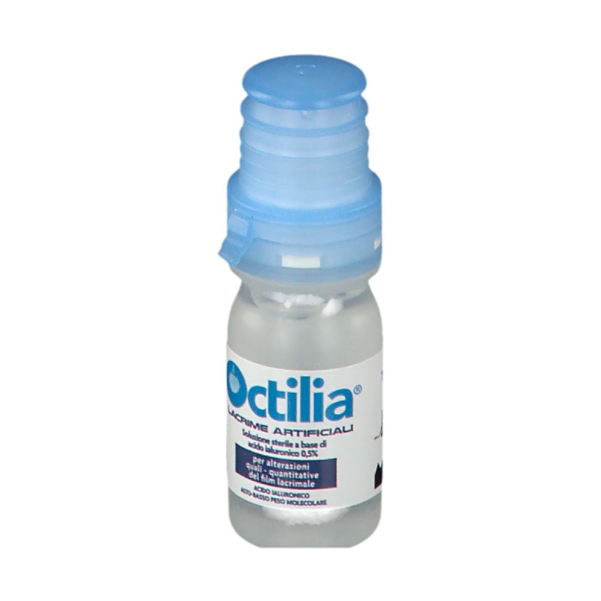 Piccola bottiglia trasparente con tappo blu. Testo: Octilia Lacrime Artificiali, soluzione con acido ialuronico.