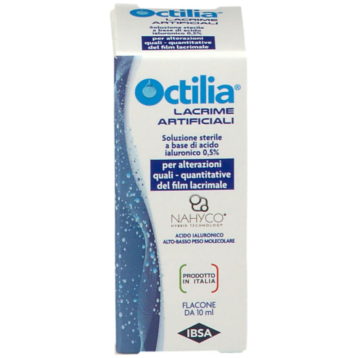 Confezione del prodotto. Testo: Octilia Lacrime Artificiali, soluzione con acido ialuronico. Flacone 10 ml.