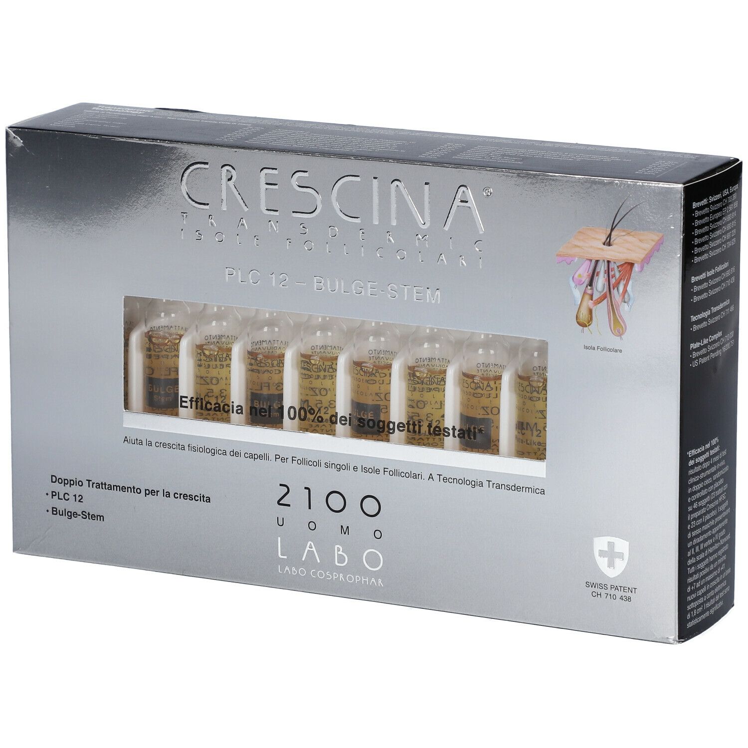 Schachtel mit Ampullen. Aufschrift: CRESCINA, PLC12 - BULGE-STEM, 2100 UOMO LABO. Swiss Patent.