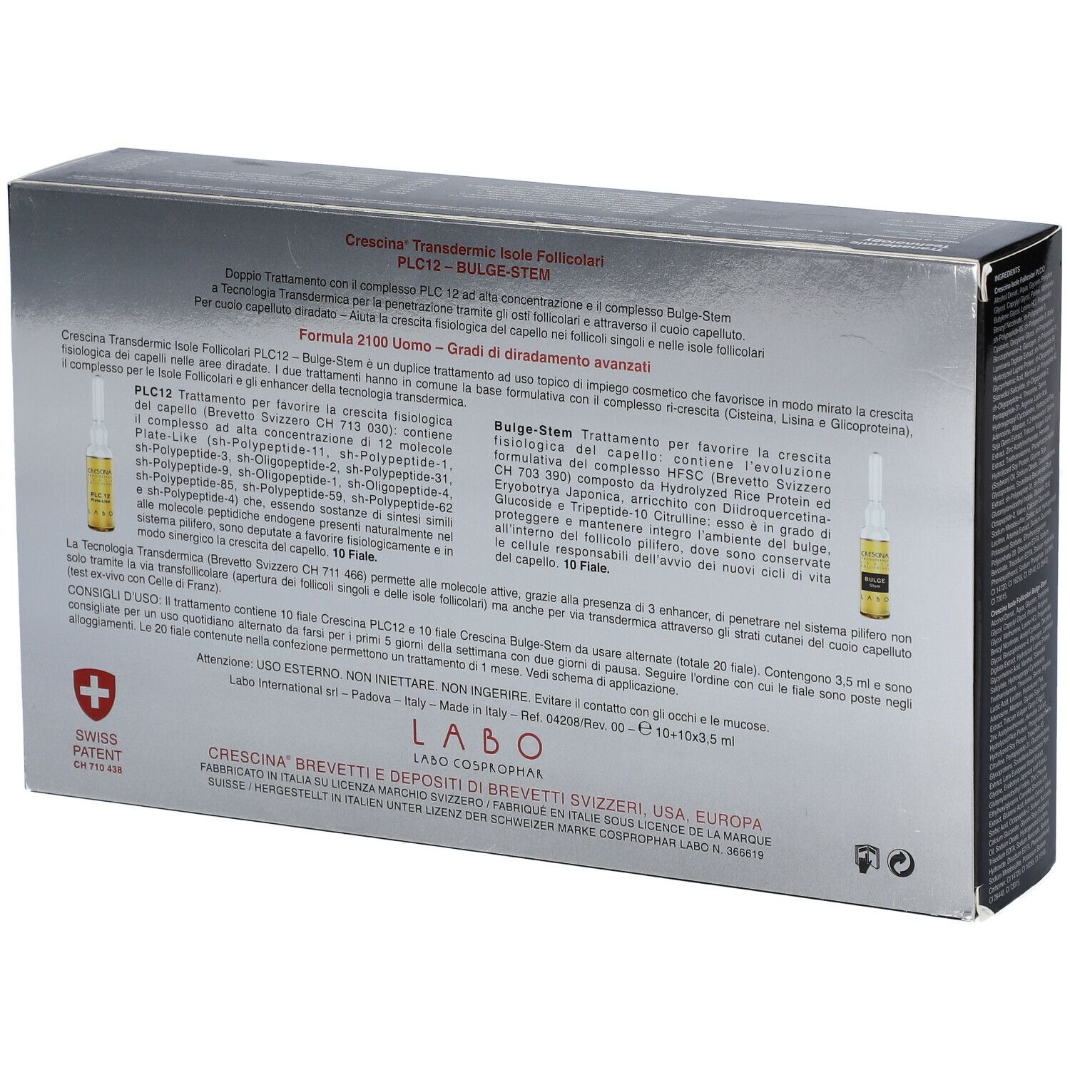 Rückseite der Schachtel mit Text und Ampullen. Aufschrift: CRESCINA, PLC12 - BULGE-STEM, 2100 UOMO LABO. Swiss Patent.