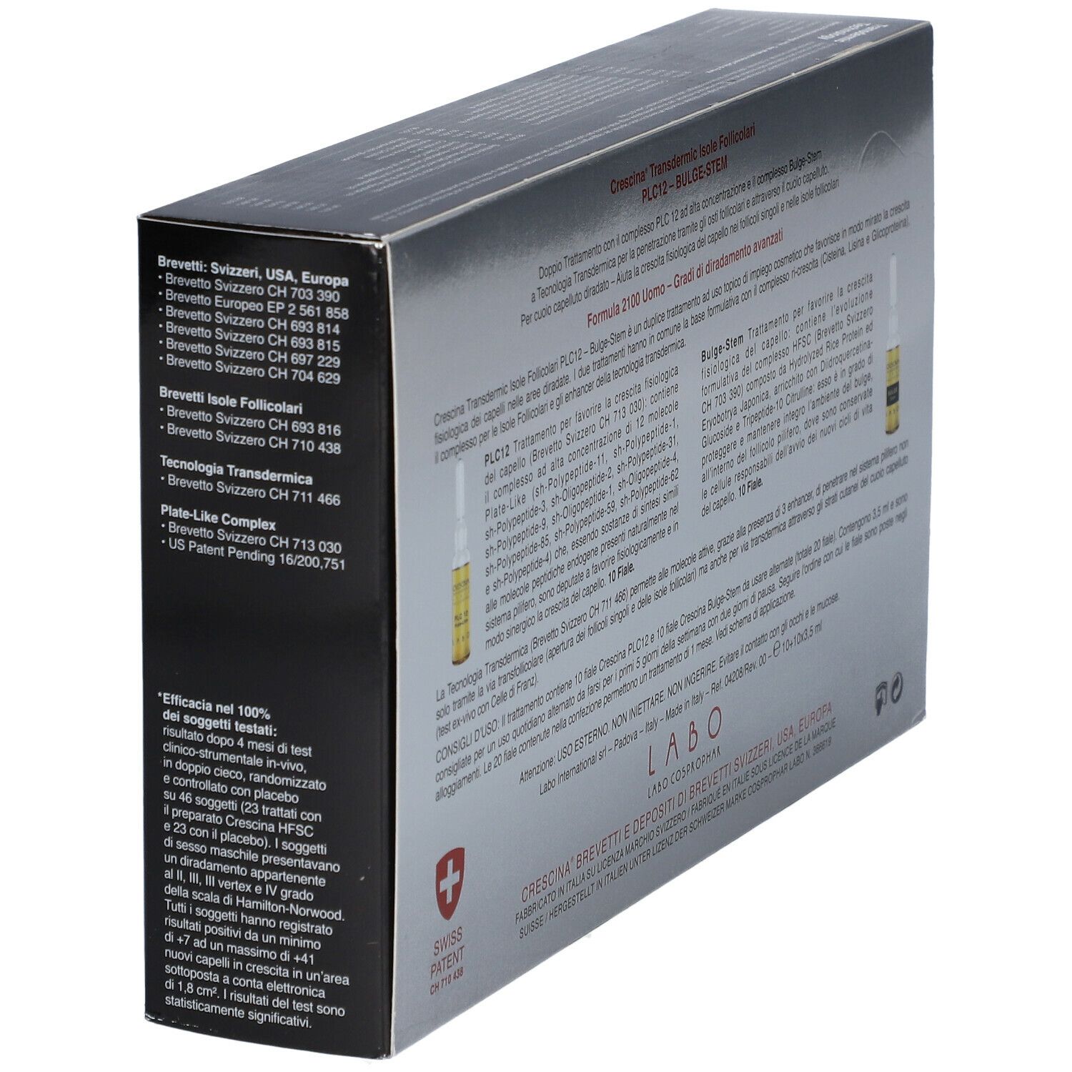 Schachtel mit Text und Ampullen. Aufschrift: CRESCINA, PLC12 - BULGE-STEM, 2100 UOMO LABO. Swiss Patent.