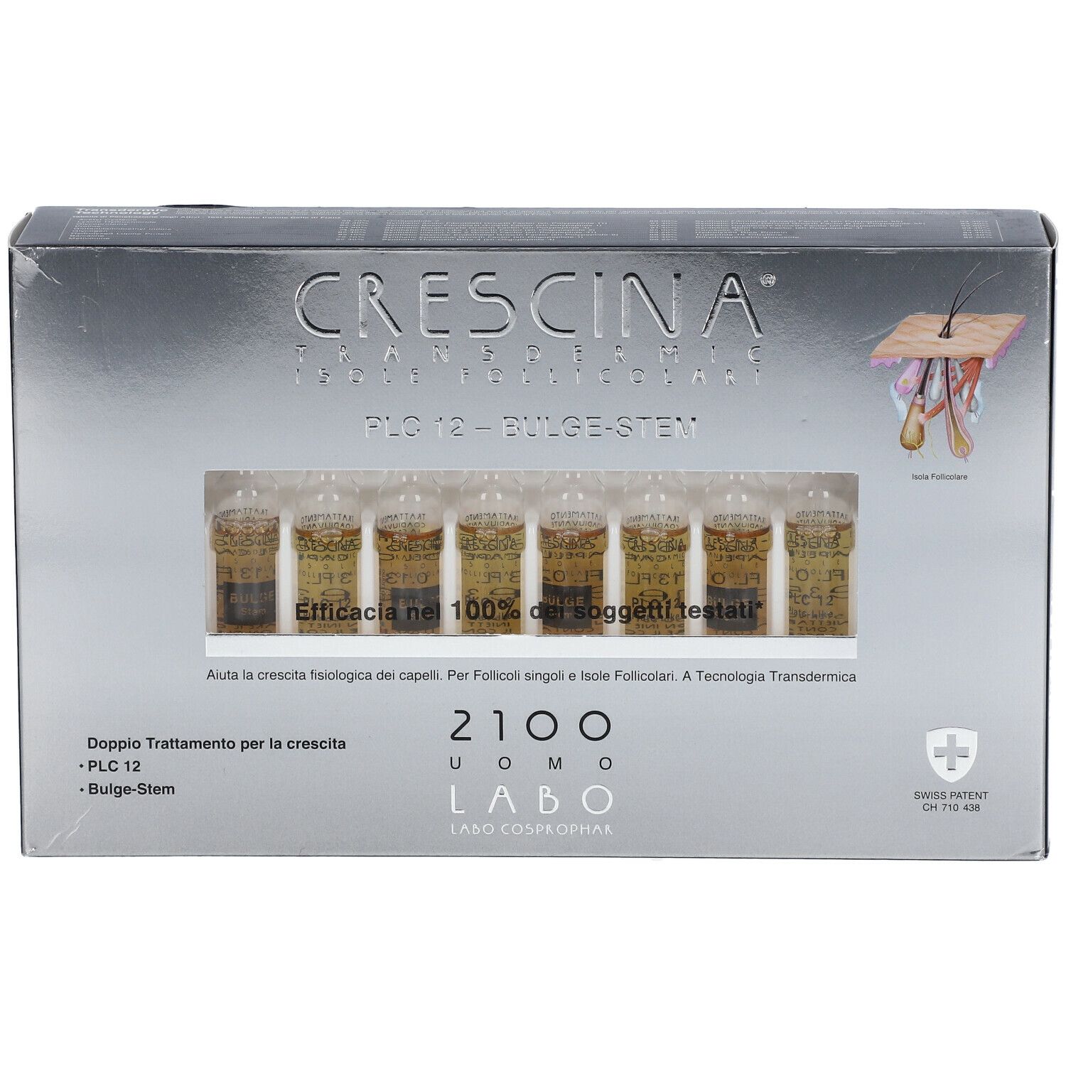 Schachtel mit Ampullen. Aufschrift: CRESCINA, PLC12 - BULGE-STEM, 2100 UOMO LABO. Swiss Patent.