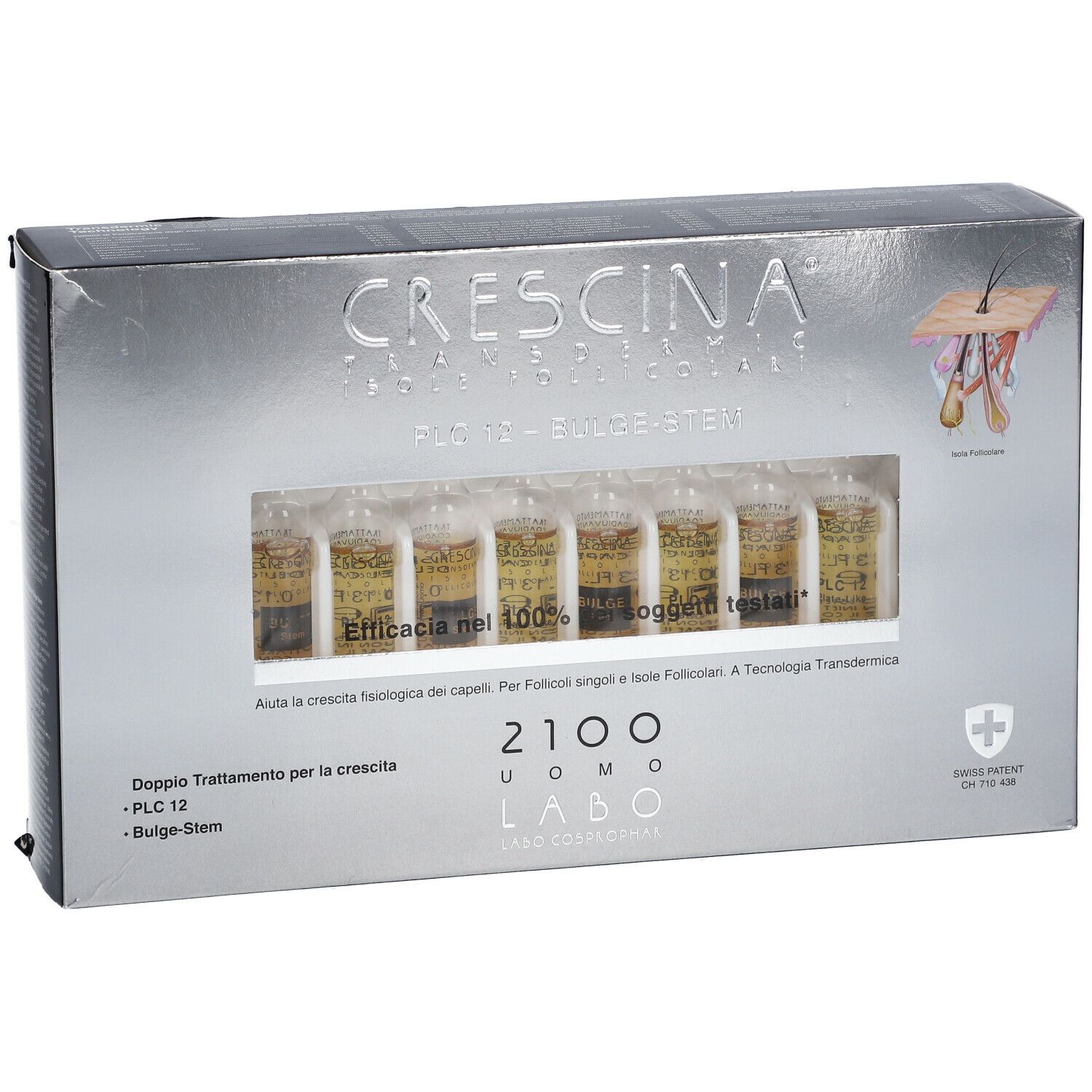 Schachtel mit Ampullen. Aufschrift: CRESCINA, PLC12 - BULGE-STEM, 2100 UOMO LABO. Swiss Patent.
