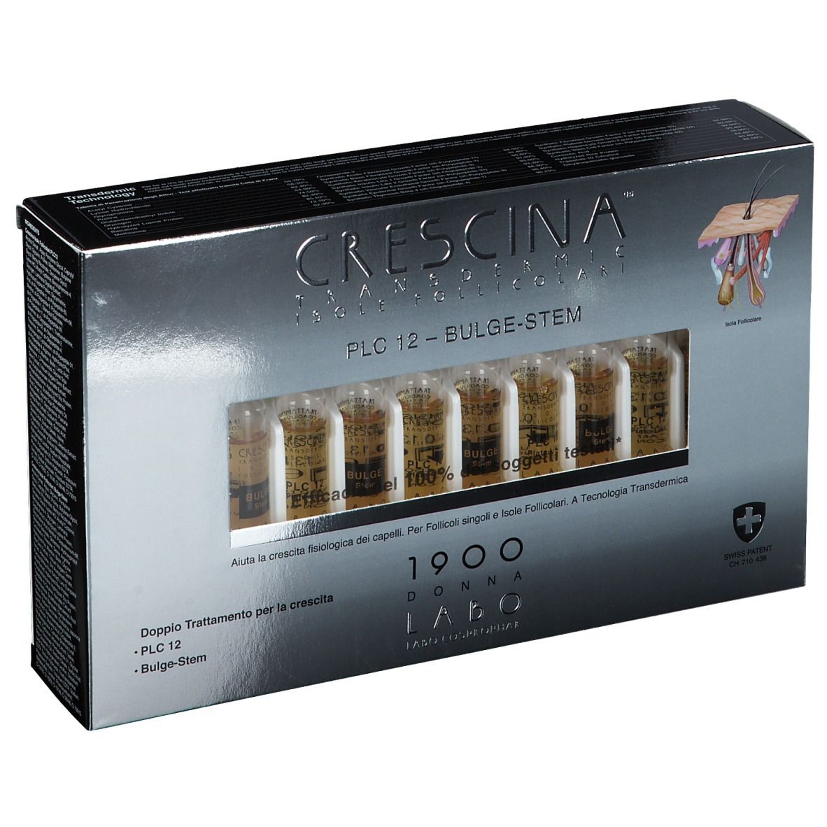 Schachtel mit Ampullen. Aufschrift: Crescina PLC 12 -BULGE-STEM. Swiss Patent.