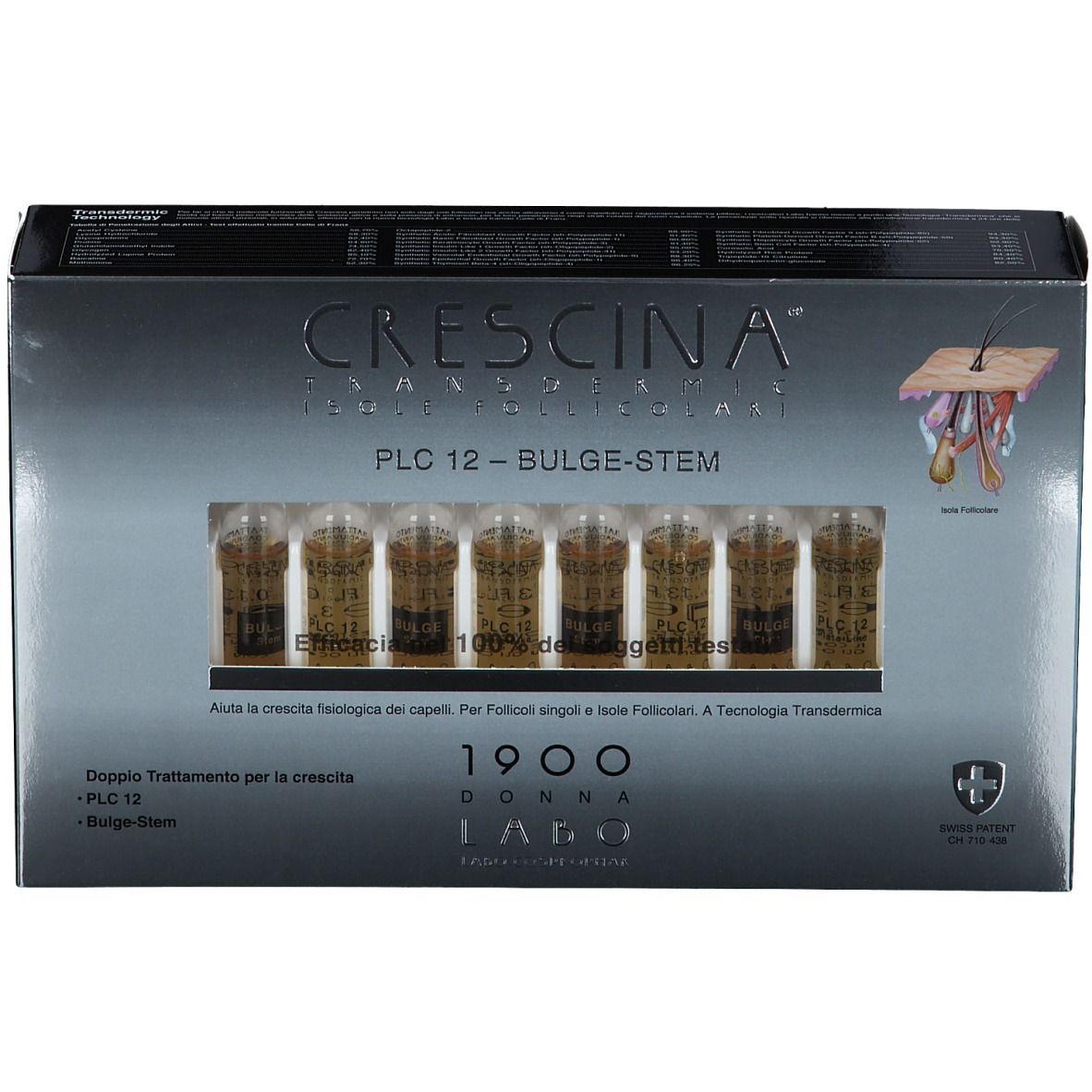 Schachtel mit Ampullen. Aufschrift: Crescina PLC 12 -BULGE-STEM. Swiss Patent.