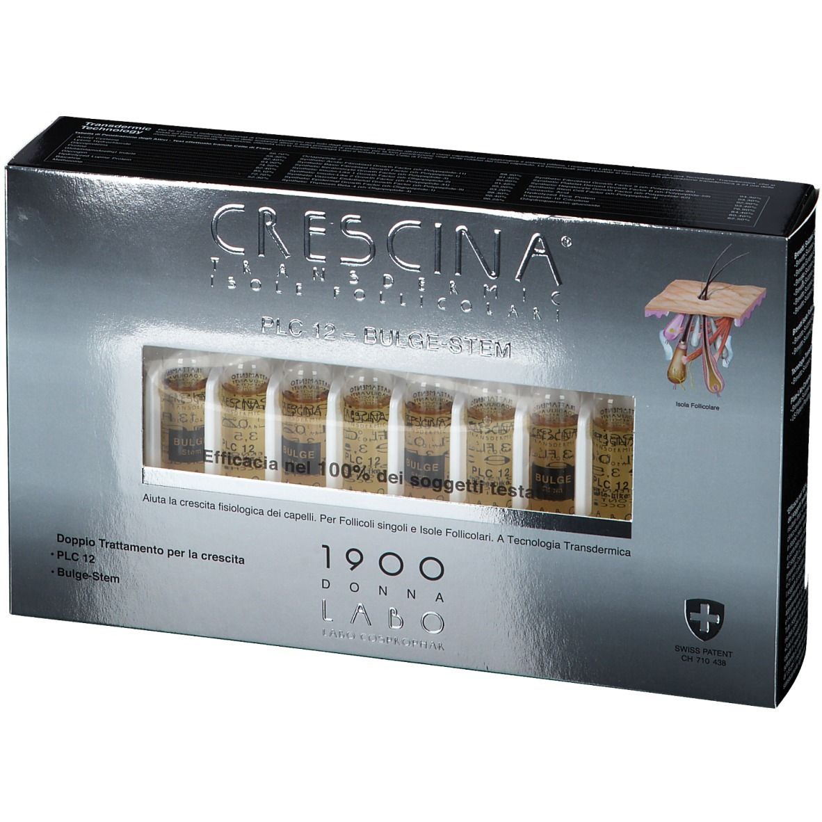 Schachtel mit Ampullen. Aufschrift: Crescina PLC 12 -BULGE-STEM. Swiss Patent.