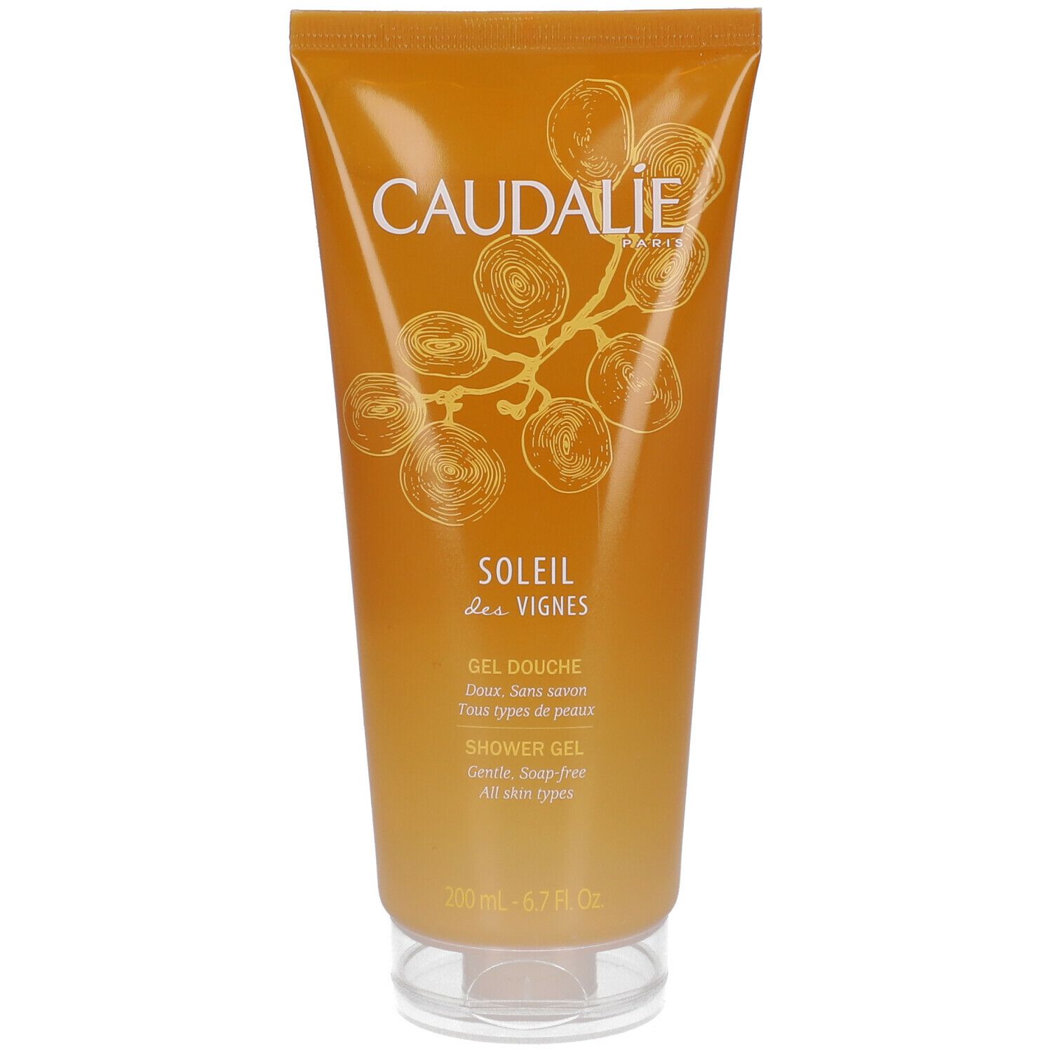 Gel-Dusche in gelber Tube. Aufschrift CAUDALÍE, SOLEIL des VIGNES. Text: Gel Douche, Shower Gel. 200ml.