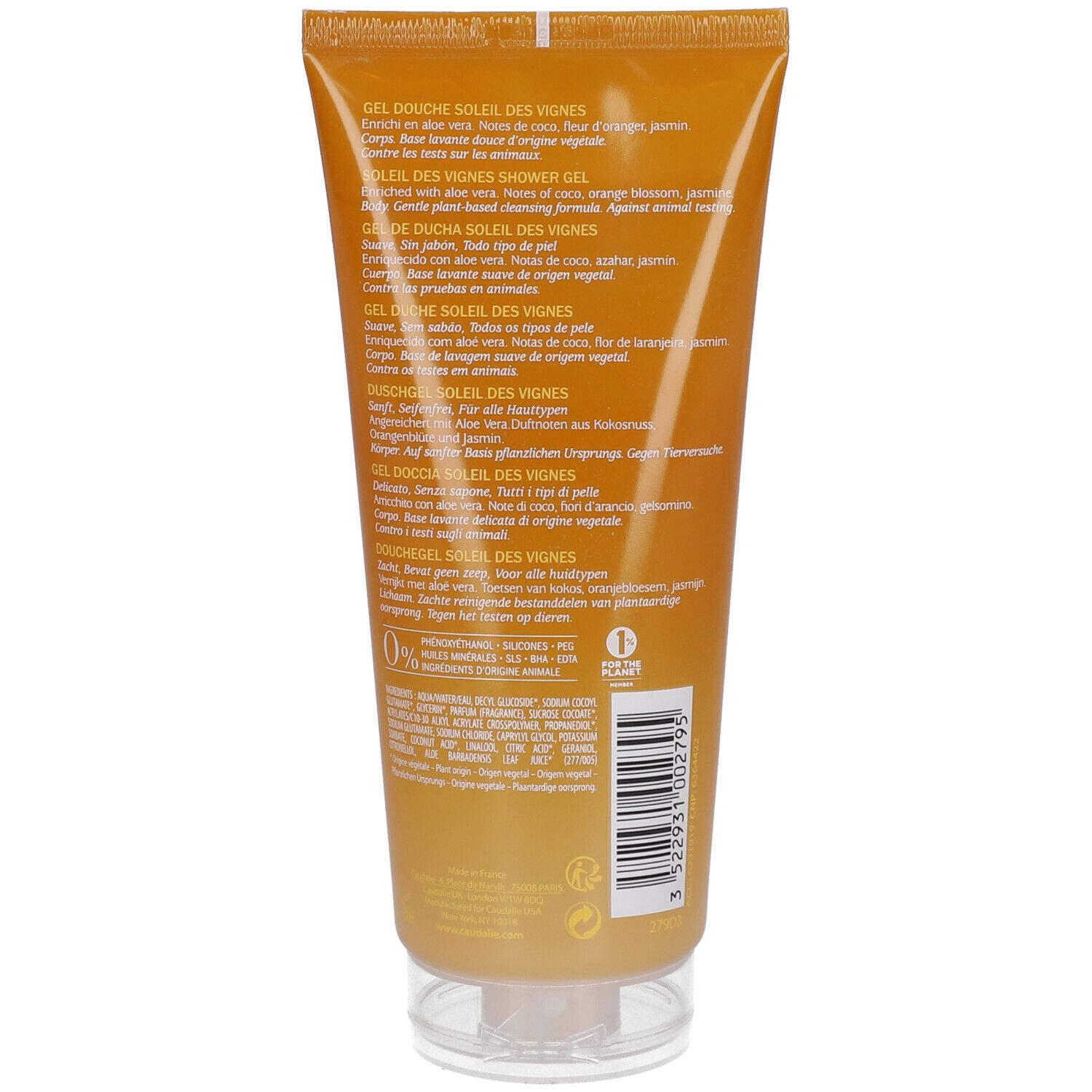 Rückseite der Gel-Dusche-Tube. Mehrsprachiger Text. Inhaltsstoffe, Herstellerinformationen, Barcode.