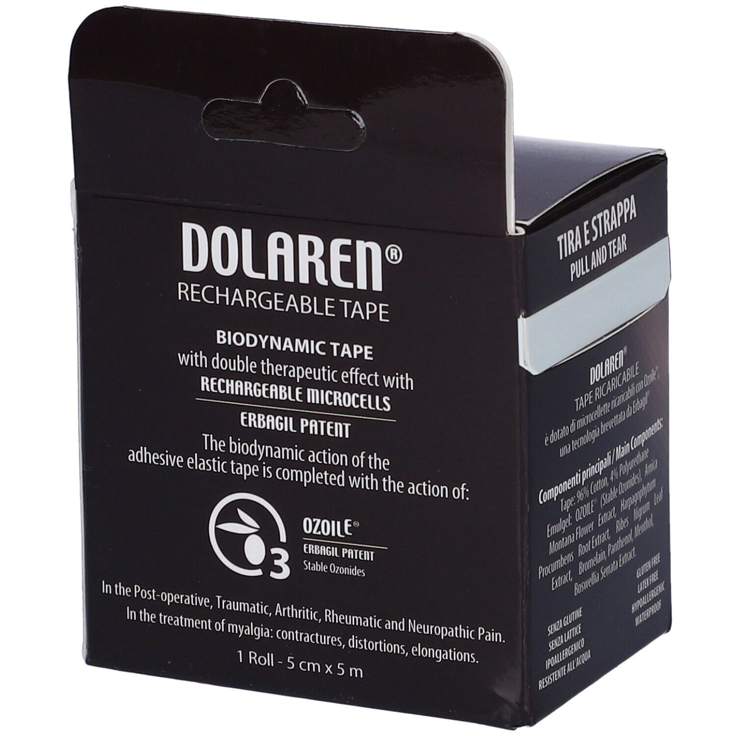 Vorderseite der Dolaren Tape Verpackung. Produktname und Beschreibung. 5x5m. Mit Ozonoile-Logo.