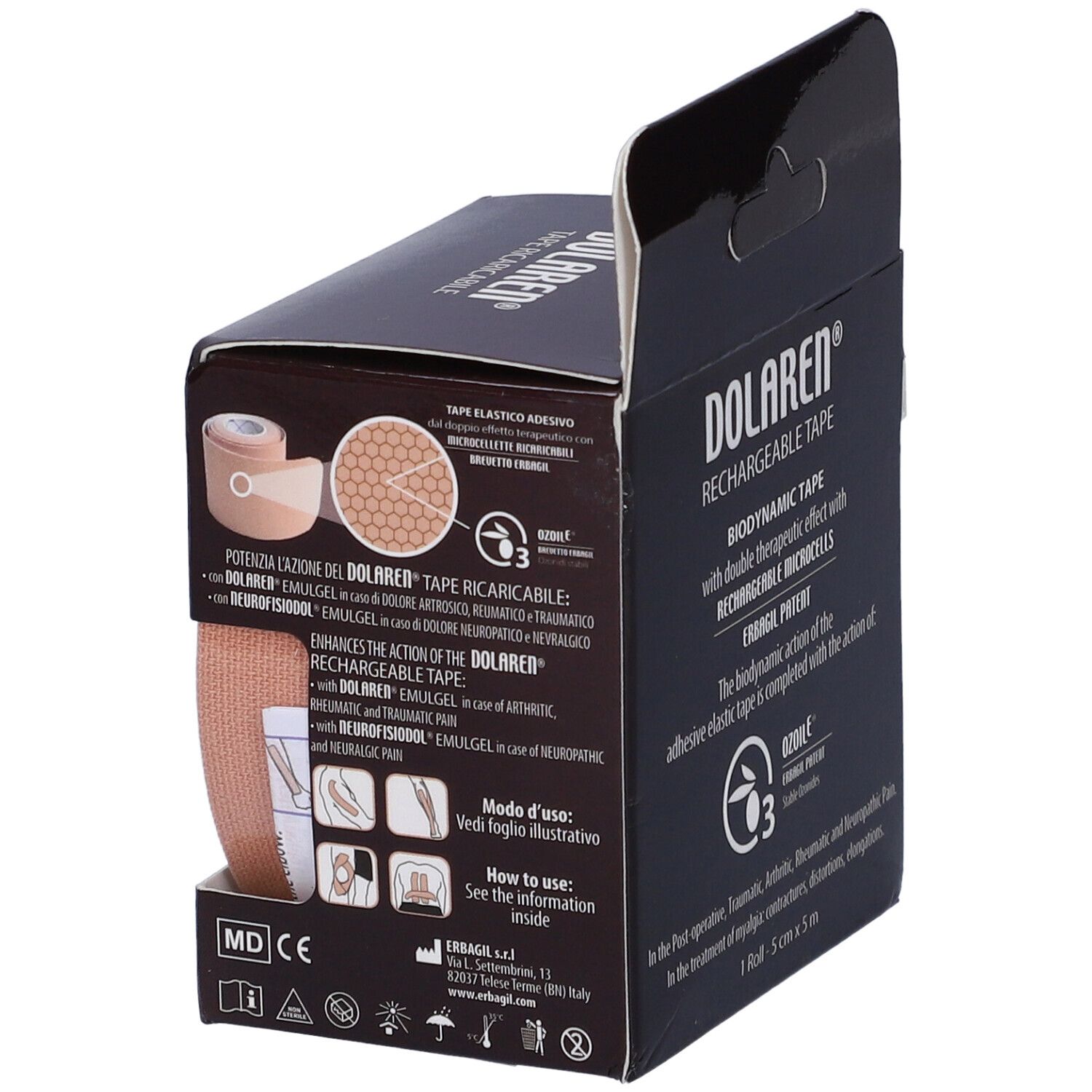 Dolaren Tape Verpackung. Produktname und Beschreibung. Rollenansicht. Mit Ozonoile-Logo und Gebrauchsanweisung.