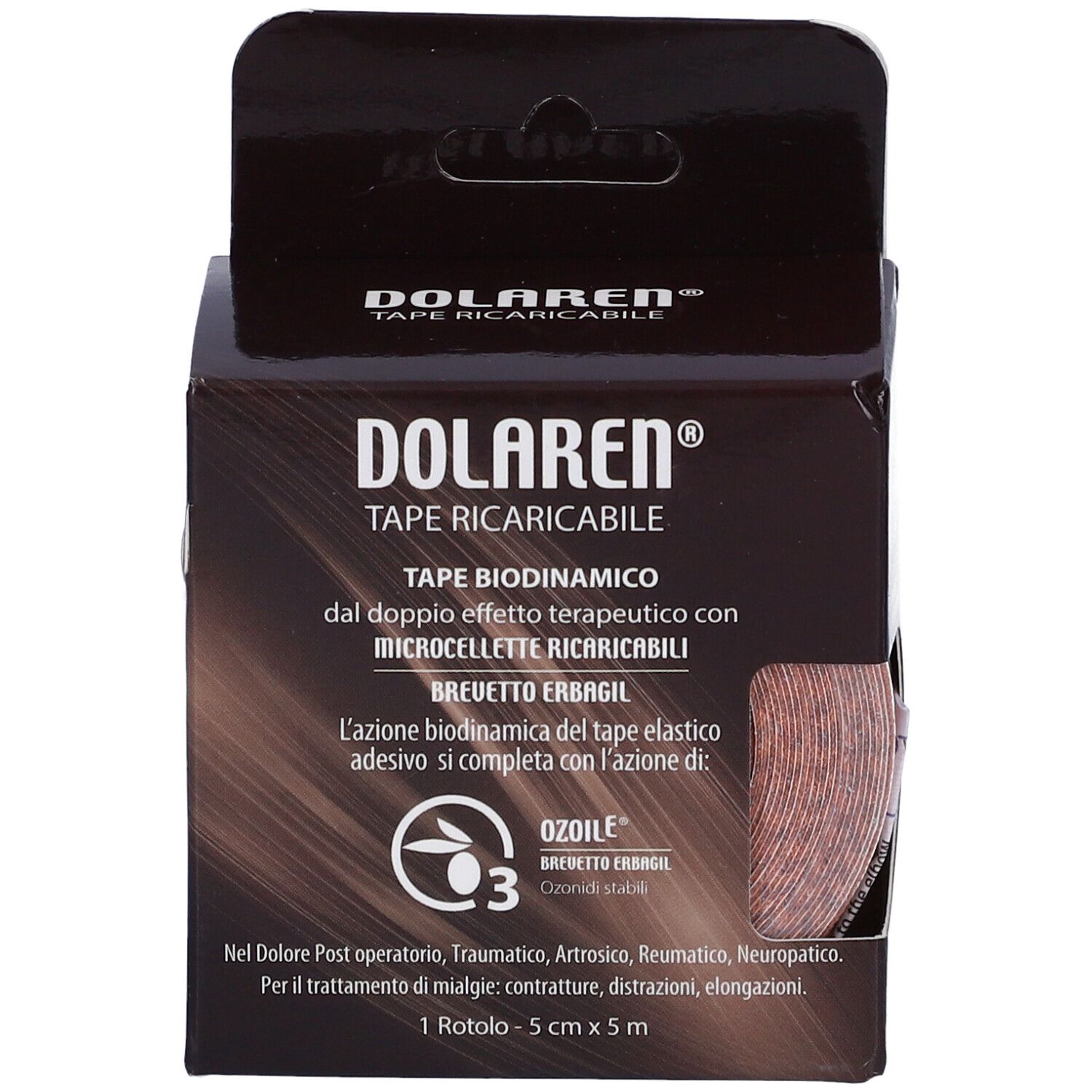 Vorderseite der Dolaren Tape Verpackung. Produktname und Beschreibung. 5x5m. Mit Ozonoile-Logo.