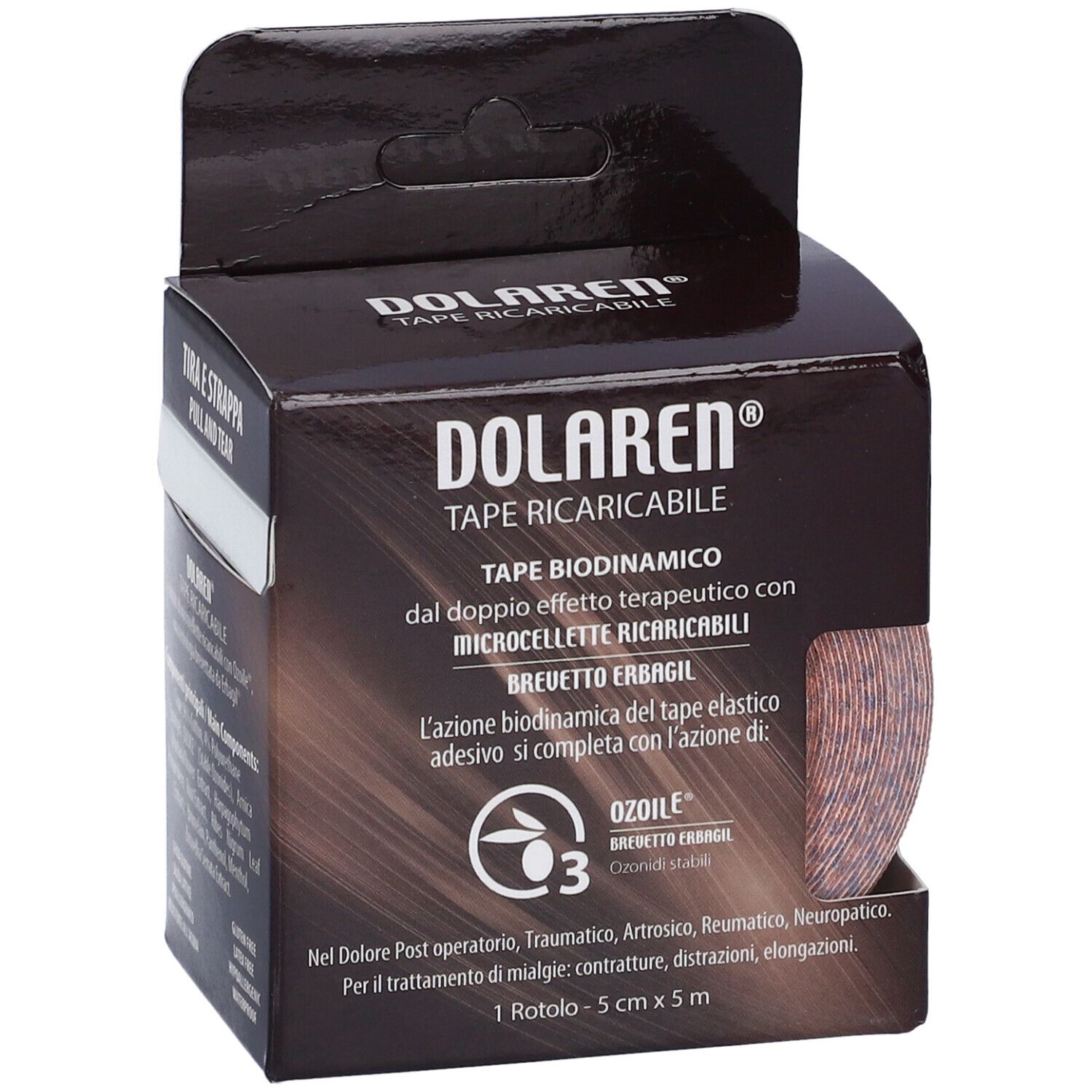 Dolaren Tape Verpackung. Produktname und Beschreibung. Rollenansicht. 5x5m. Mit Ozonoile-Logo.