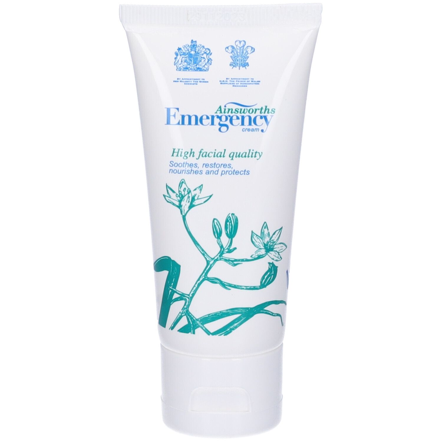 Tubo bianco con stampa blu. Testo: Emergency Cream, High facial quality. Motivo floreale. Tappo a vite.