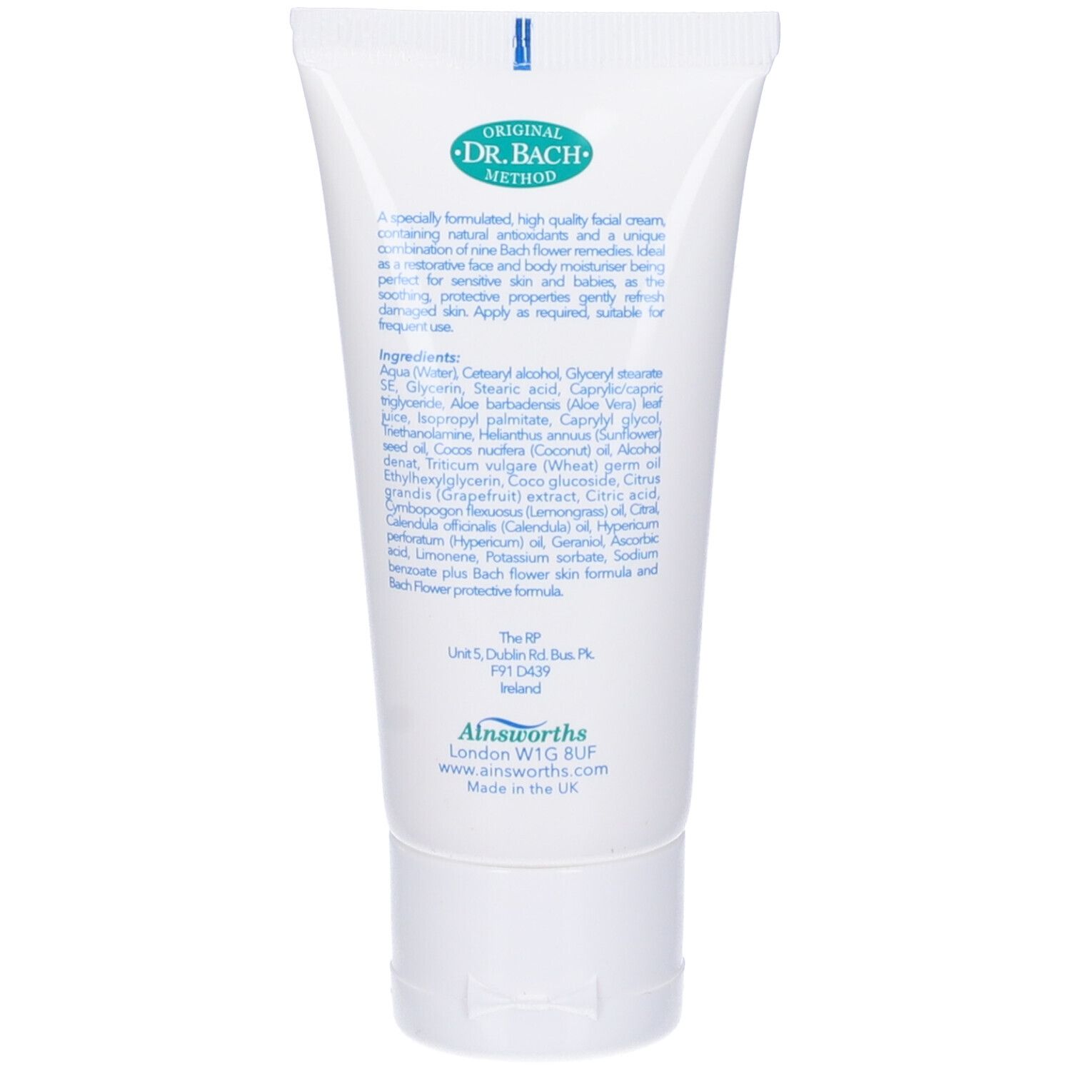 Retro del tubo bianco. Testo: Dr. Bach Method, ingredienti, indirizzo. Prodotto nel Regno Unito.