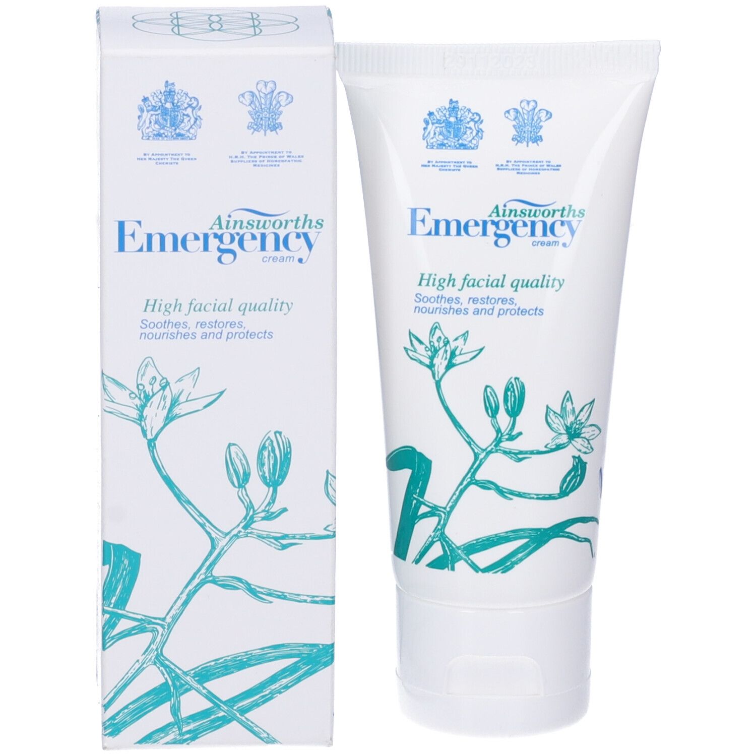 Confezione del prodotto: tubo e scatola. Tubo: bianco, stampa blu. Scatola: bianca, stampa blu. Testo: Emergency Cream.