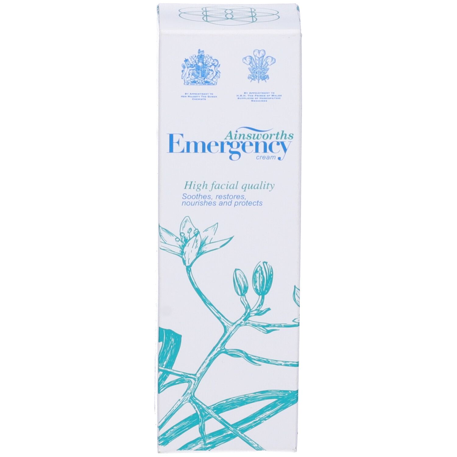 Scatola bianca con stampa blu. Testo: Emergency Cream, High facial quality. Motivo floreale.
