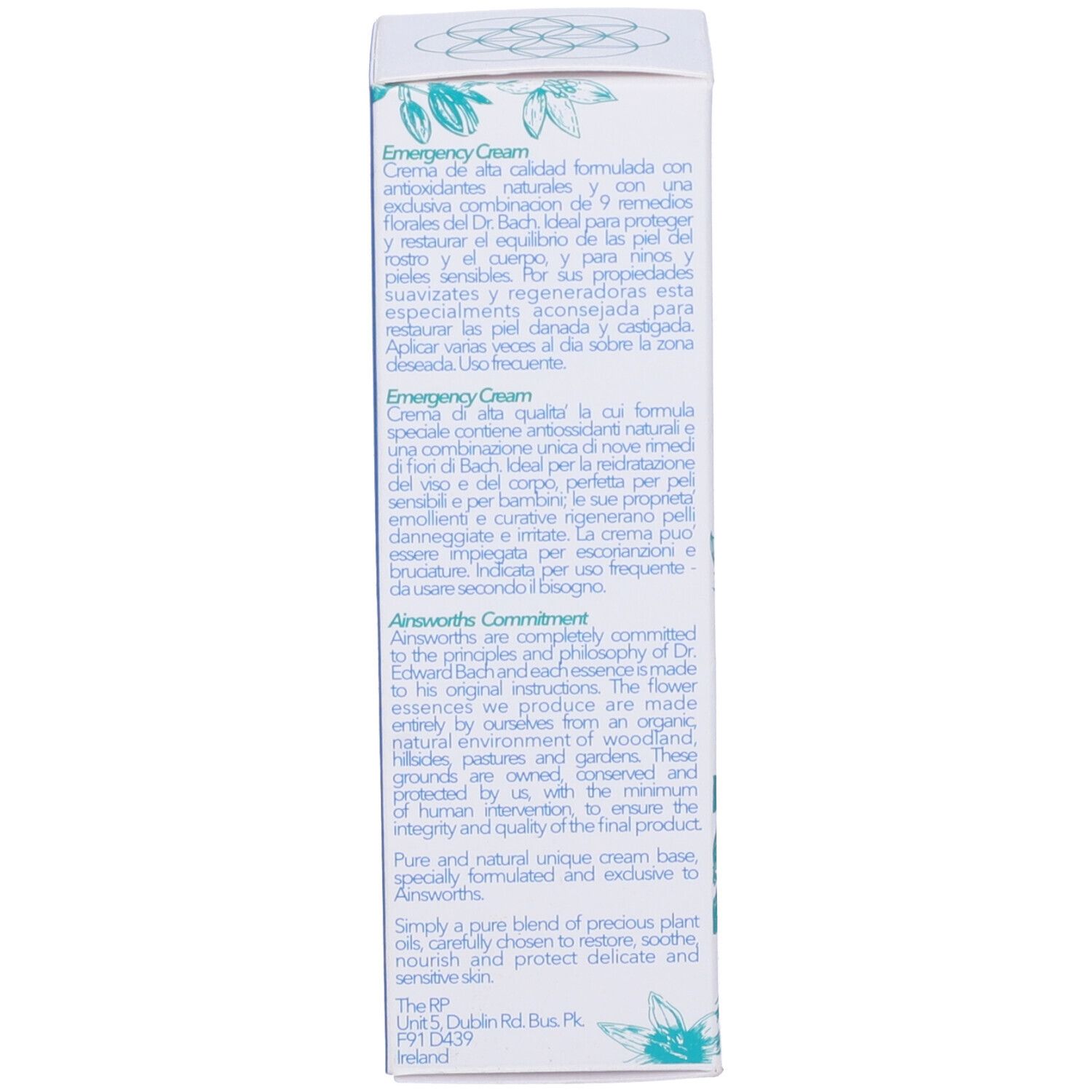 Retro della scatola. Testo: Emergency Cream, ingredienti, indirizzo. Motivo floreale.