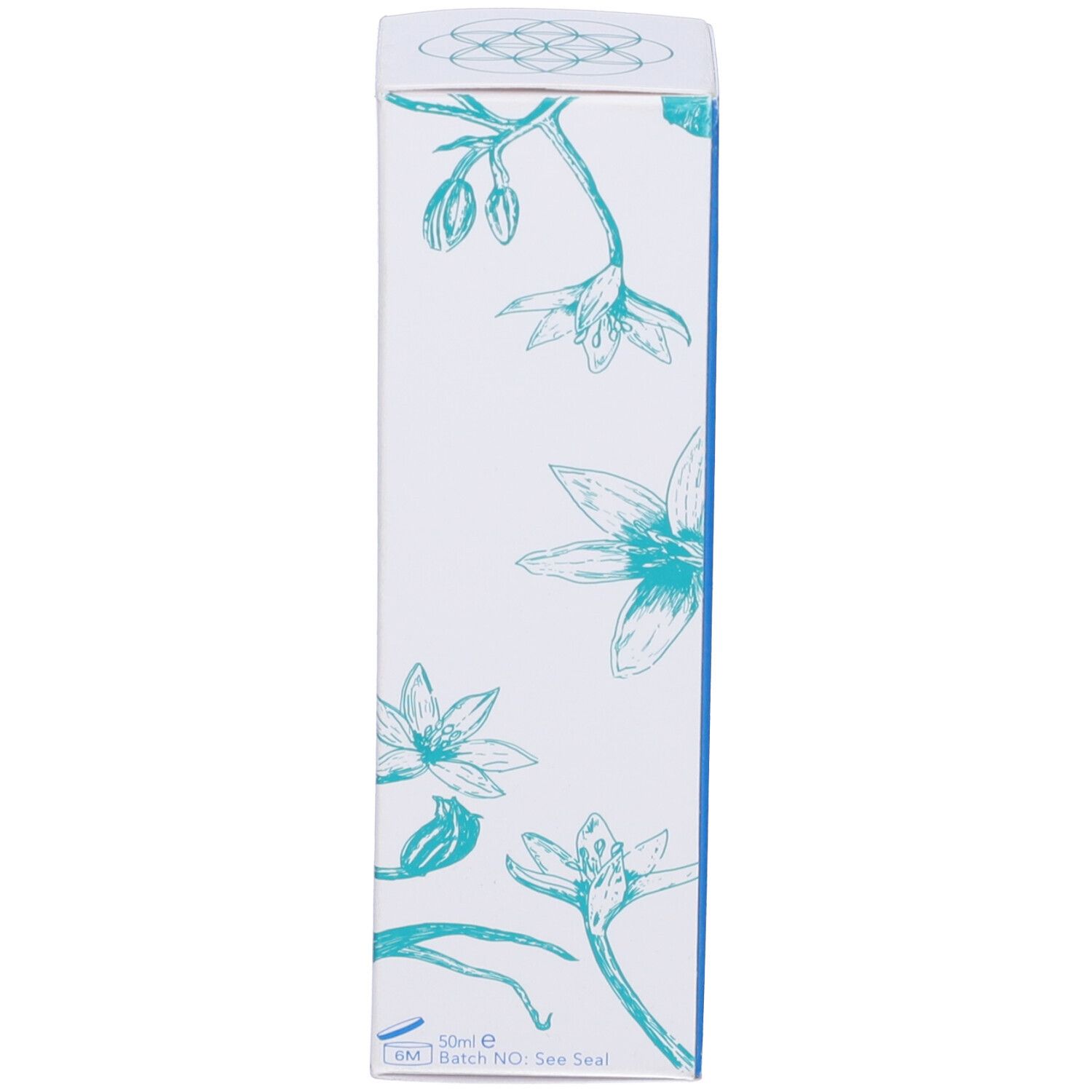 Scatola con motivo floreale e bordo blu. Testo: 50ml e, n. di lotto.