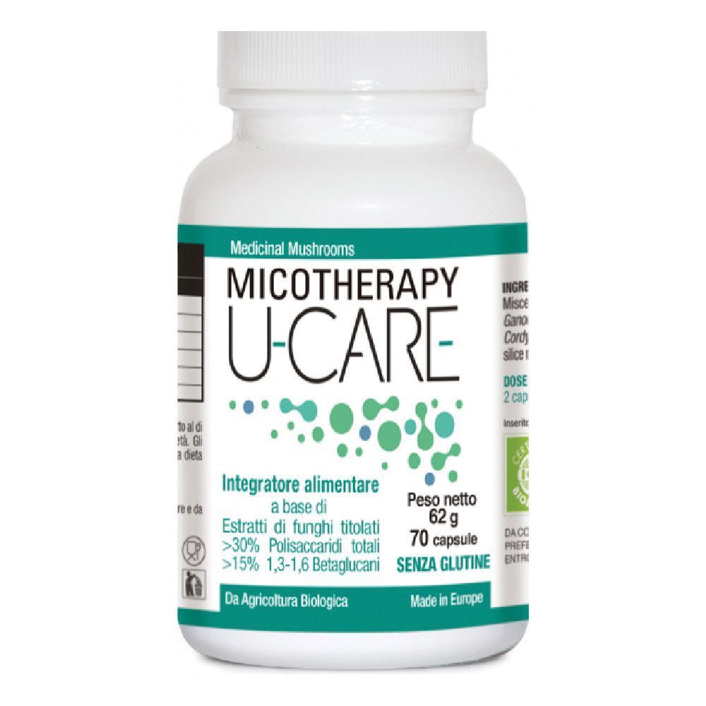Flacone bianco con capsule. Scritta: Micotherapy U-CARE, 70 capsule, senza glutine. Con marchio biologico.