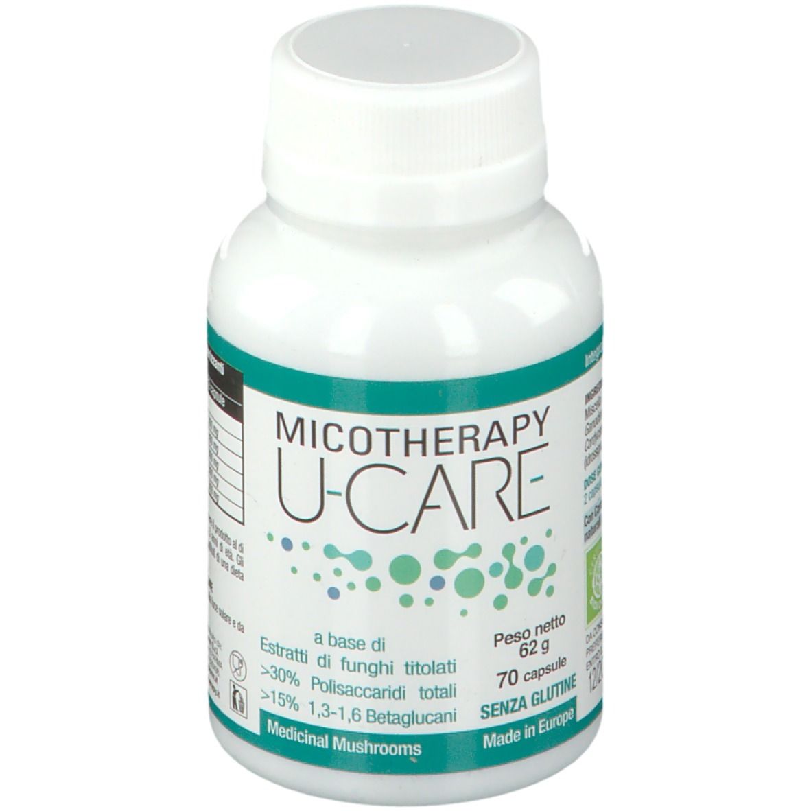 Flacone bianco con capsule. Scritta: Micotherapy U-CARE, 70 capsule, senza glutine. Con marchio biologico.