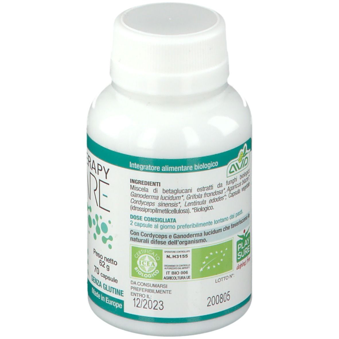 Flacone bianco con capsule. Retro con ingredienti e marchio bio. Scritta: Micotherapy U-CARE.