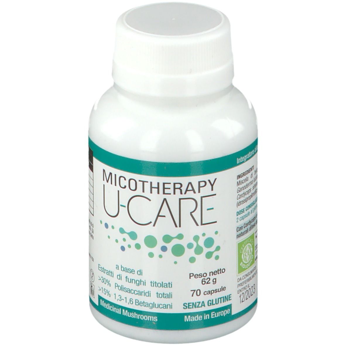 Flacone bianco con capsule. Scritta: Micotherapy U-CARE, 70 capsule, senza glutine. Con marchio biologico.