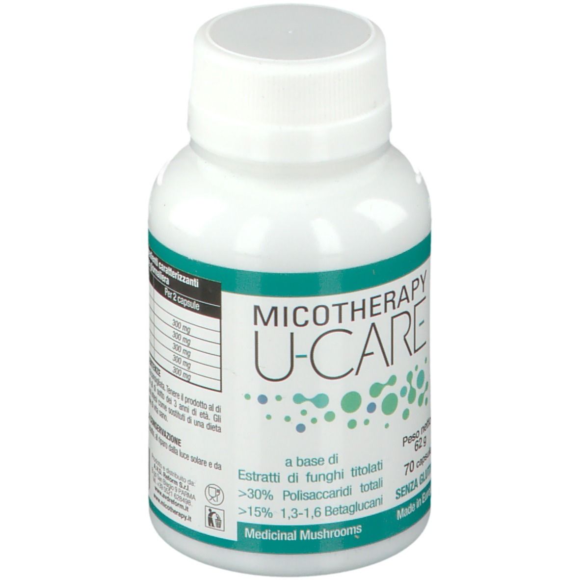 Flacone bianco con capsule. Scritta: Micotherapy U-CARE, 70 capsule, senza glutine. Con marchio biologico.