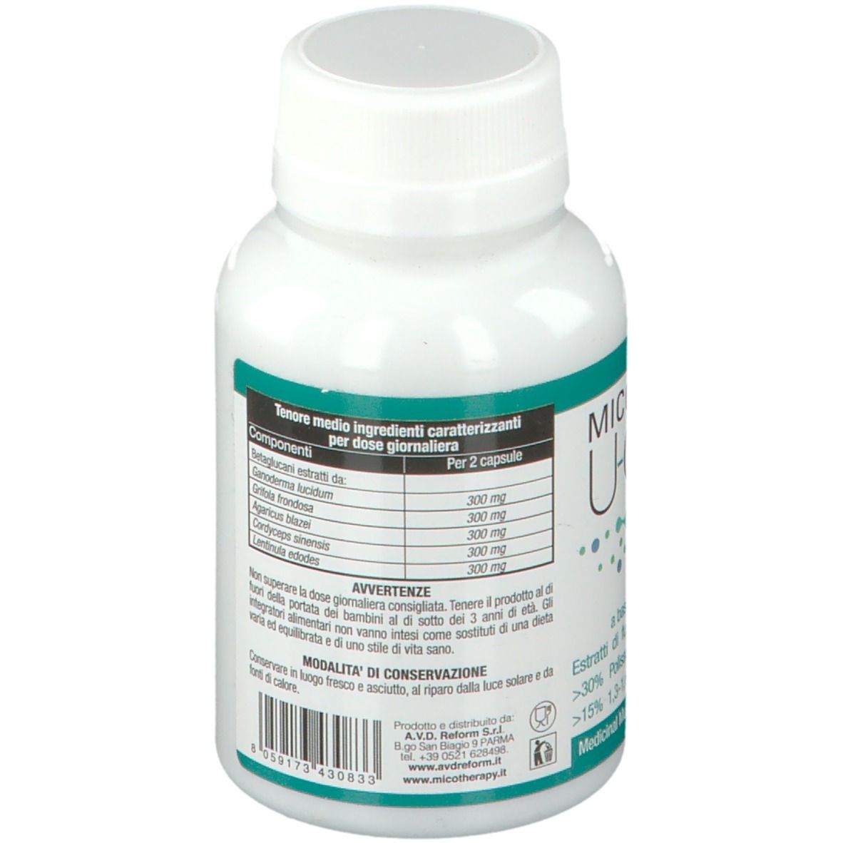 Flacone bianco con capsule. Retro con ingredienti e marchio bio. Scritta: Micotherapy U-CARE.