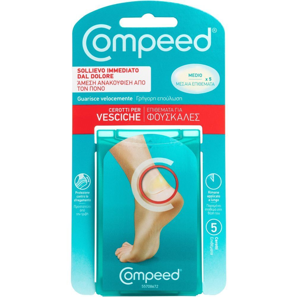 Confezione di cerotti COMPEED® per vesciche, formato medio. Contiene 5 cerotti. Immagine di un piede con vescica sull'imballaggio.