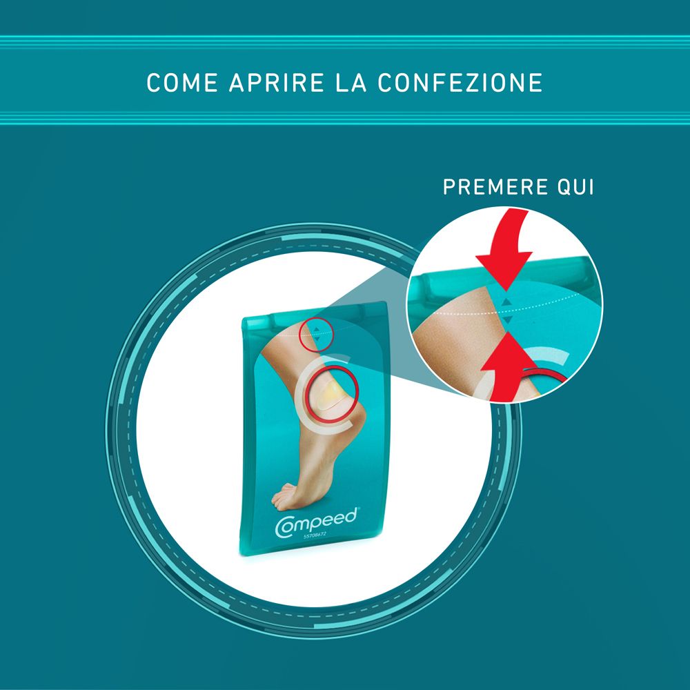 Istruzioni per aprire la confezione. Una freccia indica il punto in cui premere per aprire la confezione. Logo COMPEED®.