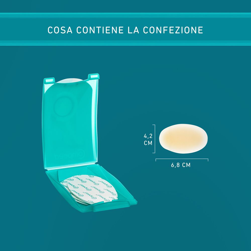 Confezione aperta di cerotti COMPEED® per vesciche. Mostra i cerotti e le loro dimensioni: 4,2 x 6,8 cm.