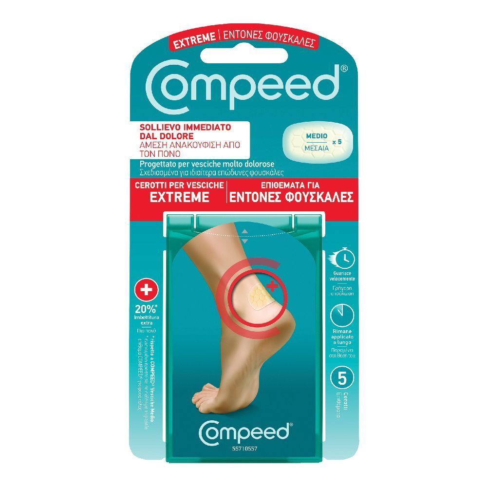 COMPEED® Cerotti per Vesciche Extreme. Confezione con immagine del piede e prodotto. Contiene 5 cerotti. Testi multilingue visibili.