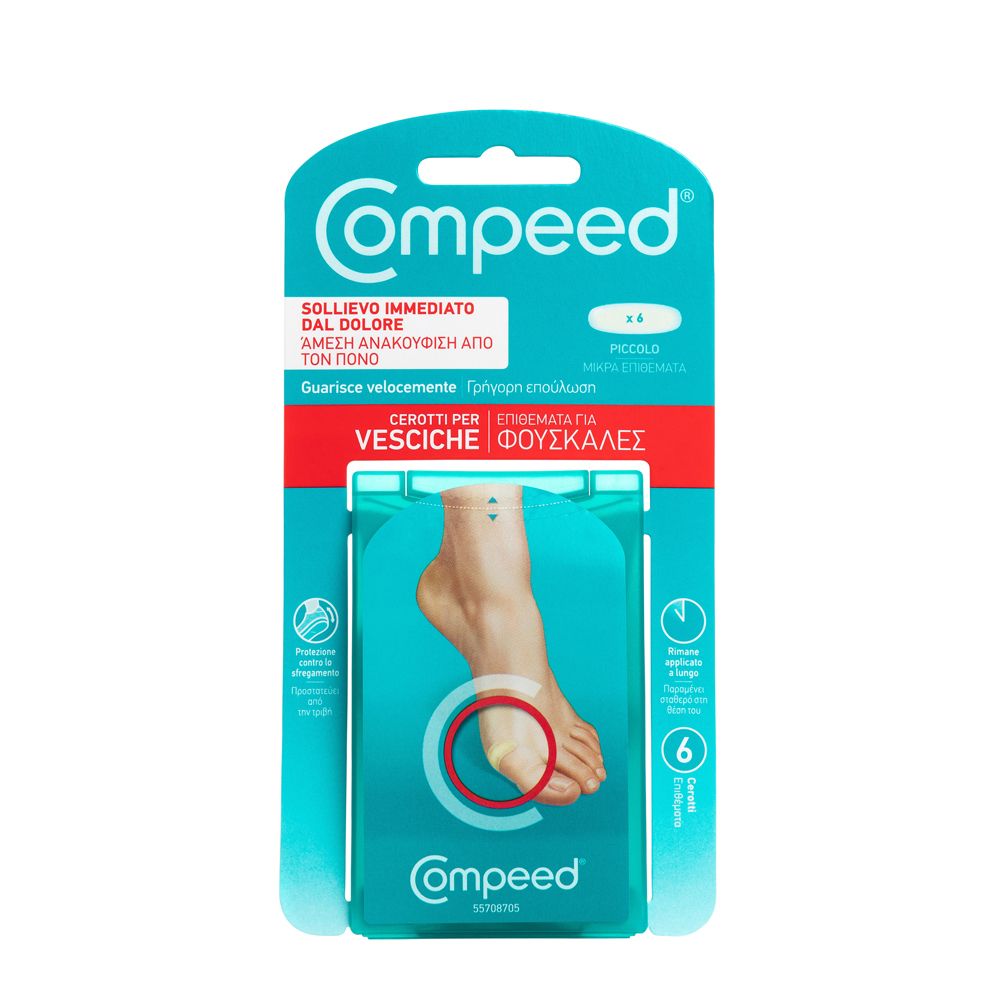 Confezione COMPEED® Cerotti per Vesciche Piccolo. Fronte con immagine del piede, cerchio rosso e nome del prodotto.