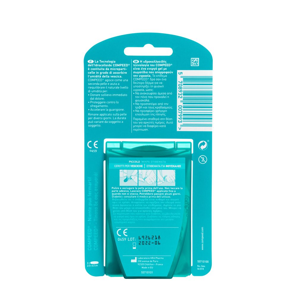 Retro della confezione COMPEED® Cerotti per Vesciche Piccolo. Contiene informazioni sul prodotto e marchio CE.