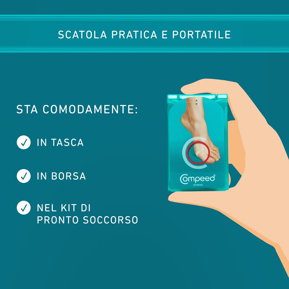 Mano che tiene una confezione di COMPEED® Cerotti per Vesciche Piccolo. Testo: Sta in tasca, borsa e kit di pronto soccorso.