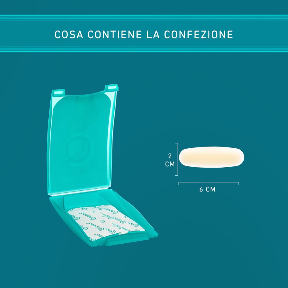 Confezione COMPEED® Cerotti per Vesciche Piccolo aperta. Mostra i cerotti e le dimensioni: 2x6 cm.