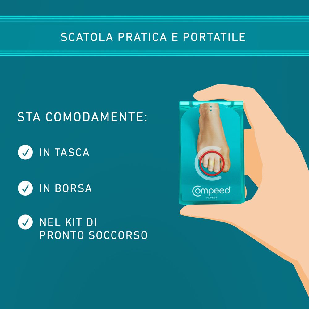 Hand hält eine COMPEED®-Verpackung. Text: Passt in die Tasche, Handtasche und Erste-Hilfe-Kasten.